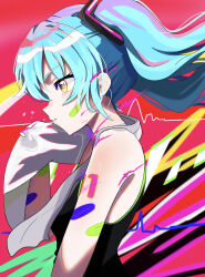Rule 34 | 1girl, abstract background, absurdres, aqua hair, bandaid, bandaid on cheek, bandaid on face, black shirt, closed mouth, commentary, from side, hand up, hatsune miku, highres, long hair, profile, red hair, shirt, sleeveless, sleeveless shirt, solo, sweat, theon (te2eo), towel, towel around neck, vocaloid, yellow eyes