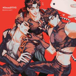 Rule 34 | 3boys, :d, abs, amuii, anger vein, battle tendency, black hair, blue eyes, cellphone, chain, closed mouth, coat, collarbone, crop top, crossed arms, finger to another&#039;s face, fingerless gloves, gloves, grandfather and grandson, hat, headband, heart, highres, holding, holding phone, jacket, jojo no kimyou na bouken, jonathan joestar, joseph joestar, joseph joestar (young), kuujou joutarou, long sleeves, looking at phone, male focus, multiple boys, muscular, muscular male, one eye closed, open mouth, pants, pectorals, phantom blood, phone, school uniform, shirt, short hair, smartphone, smile, stardust crusaders, twitter username, v