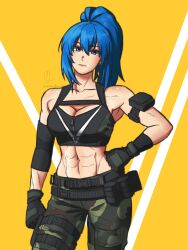 Rule 34 | 0kamiheart, 1girl, abs, arm pouch, belt, blue eyes, blue hair, breasts, camouflage, camouflage pants, cleavage, clenched hand, crop top, earrings, gloves, hand on own hip, highres, jewelry, large breasts, leona heidern, muscular, muscular female, navel, pants, ponytail, pouch, soldier, solo, tank top, the king of fighters, the king of fighters xv, triangle earrings, zipper