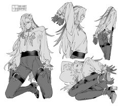 Rule 34 | 1boy, arm up, ascot, boots, closed mouth, cuffs, feather hair ornament, feathers, from behind, from side, genshin impact, gloves, greyscale, hair ornament, handcuffs, high heel boots, high heels, highres, long hair, long sleeves, looking at viewer, looking down, lying, male focus, monochrome, multiple views, neuvillette (genshin impact), on side, one eye closed, pants, pillow, pointy ears, shirt, sidelocks, simple background, sweatdrop, white background, yanase seno