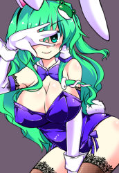 Rule 34 | 1girl, animal ears, blush, bow, bowtie, breasts, rabbit ears, rabbit tail, playboy bunny, cleavage, detached collar, earrings, elbow gloves, fake animal ears, frog hair ornament, gin (shioyude), gloves, green eyes, green hair, hair ornament, jewelry, kochiya sanae, lace, lace-trimmed gloves, lace-trimmed legwear, lace trim, large breasts, long hair, looking at viewer, matching hair/eyes, smile, snake hair ornament, solo, star-shaped pupils, star (symbol), symbol-shaped pupils, tail, thighhighs, touhou, wrist cuffs