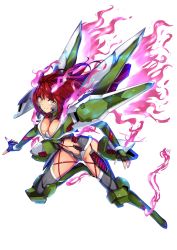 Rule 34 | 1girl, breasts, cleavage, crossbone gundam, crossbone gundam ghost, fingerless gloves, fire, floating hair, gloves, gundam, highres, i.takashi, looking at viewer, mecha musume, mechanical wings, medium breasts, stomach cutout, navel, open hands, personification, phantom gundam, pink fire, red hair, skull, solo, white background, wings, yellow eyes