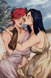 Rule 34 | 2girls, alternate costume, bare arms, bare shoulders, beach, black hair, caitlyn (league of legends), character name, closed eyes, closed mouth, collarbone, day, freckles, greco-roman clothes, guiiay, highres, hug, laurel crown, league of legends, long hair, multiple girls, outdoors, red hair, red lips, roman clothes, short hair, signature, vi (league of legends), yuri