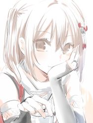 Rule 34 | 1girl, brown eyes, brown hair, closed mouth, cup, drinking glass, hair between eyes, hand on own cheek, hand on own face, ica, kantai collection, sendai (kancolle), sketch, smile, solo, two side up, upper body