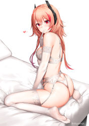 Rule 34 | 1girl, absurdres, ass, back, bare shoulders, blush, bra, breasts, closed mouth, crossed bangs, elbow gloves, eyelashes, feet, finger to mouth, garter belt, girls&#039; frontline, gloves, greem bang, hair between eyes, hair ornament, hand up, heart, highleg, highleg panties, highres, index finger raised, lace, lace-trimmed bra, lace-trimmed garter belt, lace-trimmed gloves, lace-trimmed legwear, lace trim, legs, lingerie, long hair, looking at viewer, looking back, m4 sopmod ii (girls&#039; frontline), on bed, orange hair, panties, pink hair, red eyes, revision, sitting, skindentation, smile, solo, string panties, thighs, thong, toes, underwear, wariza, white background, white bra, white gloves, white panties