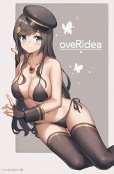 Rule 34 | 1girl, absurdres, bare shoulders, bikini, bilibili xiaolu, black bikini, black gloves, black hair, black hat, black thighhighs, blue eyes, breasts, cleavage, collarbone, fingerless gloves, gloves, hair ornament, hairclip, hat, highres, jewelry, kyouka (overidea), large breasts, long hair, looking at viewer, necklace, overidea, peaked cap, side-tie bikini bottom, sitting, smile, solo, stomach, string bikini, swimsuit, thighhighs, thighs, very long hair, virtual youtuber, wrist cuffs