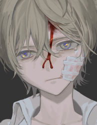 Rule 34 | 1boy, bandage on face, bandages, black background, blood, blood on face, blue pupils, closed mouth, collared shirt, commentary request, expressionless, grey eyes, hair between eyes, injury, light brown hair, male focus, open collar, original, portrait, shirt, short hair, simple background, solo, tearing up, torino kawazu, very short hair, white shirt