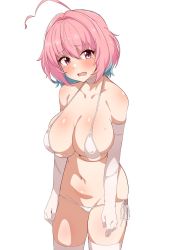 Rule 34 | 1girl, ahoge, arms at sides, bikini, blue hair, breasts, collarbone, commentary request, elbow gloves, fang, gloves, highres, idolmaster, idolmaster cinderella girls, large breasts, looking at viewer, micro bikini, multicolored hair, navel, open mouth, pink eyes, pink hair, seihekiog, short hair, side-tie bikini bottom, simple background, solo, string bikini, sweat, swimsuit, tears, thighhighs, two-tone hair, white background, white bikini, white gloves, white thighhighs, yumemi riamu