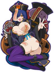 Rule 34 | 1girl, absurdres, alternate costume, ass, black footwear, black headwear, blue hair, blush, breasts, commentary request, fang, fingernails, full body, hair between eyes, hair over one eye, hat, highres, jack-o&#039;-lantern, jiangshi, large breasts, long bangs, looking at viewer, maebari, meandros, nijisanji, ofuda, ofuda on leg, ofuda on nipples, ofuda on pussy, open mouth, pasties, pumpkin, purple nails, purple thighhighs, qingdai guanmao, shizuka rin, shoes, short hair, simple background, smile, solo, thick thighs, thighhighs, thighs, transparent background, virtual youtuber, yaochou