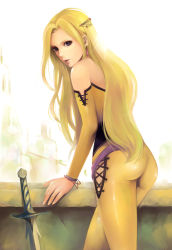 Rule 34 | 1990s (style), 1girl, alternate costume, ass, bare shoulders, blonde hair, blue eyes, celes chere, detached sleeves, earrings, final fantasy, final fantasy vi, itori (clarice note), jewelry, long hair, looking back, purple eyes, solo, sword, very long hair, weapon