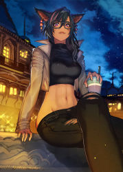 Rule 34 | 1girl, animal ears, warrior of light (ff14), black hair, black pants, black sweater, cat ears, cat girl, closed mouth, collared jacket, cropped jacket, cropped sweater, earrings, facial mark, fictional persona, final fantasy, final fantasy xiv, glasses, hand rest, hide (hideout), highres, jacket, jewelry, crossed legs, lips, long hair, long sleeves, looking at viewer, lowleg, lowleg pants, midriff, miqo&#039;te, navel, night, night sky, open clothes, open jacket, painttool sai (medium), pants, photoshop (medium), purple eyes, sitting, sky, slit pupils, smile, solo, star (sky), starry sky, stomach, sweater, toned, torn clothes, torn pants, whisker markings