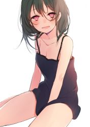 Rule 34 | 1girl, achiki, bad id, bad twitter id, between legs, black dress, black hair, breasts, cleavage, collarbone, dress, hair between eyes, hand between legs, heart, heart-shaped pupils, long hair, looking at viewer, medium breasts, mole, mole under mouth, open mouth, original, pink eyes, simple background, sitting, smile, solo, symbol-shaped pupils, teeth, white background, yokozuwari