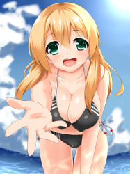 Rule 34 | 10s, 1girl, aria (okuda08808008), bent over, bikini, blonde hair, breasts, cleavage, foreshortening, green eyes, hanging breasts, highres, kantai collection, large breasts, long hair, prinz eugen (kancolle), solo, swimsuit, twintails