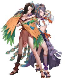 Rule 34 | 2girls, bare shoulders, breasts, brown hair, cleavage, closed mouth, crop top, detached sleeves, ekao, feathers, feet, fire emblem, fire emblem fates, fire emblem heroes, folded fan, folding fan, full body, geta, hair ornament, hair over one eye, hand fan, highres, holding, japanese clothes, jewelry, kagero (fire emblem), kimono, large breasts, legs, lips, long hair, looking at viewer, midriff, multiple girls, navel, necklace, nintendo, non-web source, official art, orochi (fire emblem), purple eyes, purple hair, red eyes, reverse grip, sandals, short kimono, side slit, skirt, smile, standing, stomach, toeless footwear, toenails, toes, transparent background, wide sleeves
