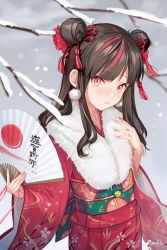Rule 34 | 1girl, almic, blush, branch, brown hair, closed mouth, cowboy shot, double bun, earrings, fingernails, flower, folding fan, fur scarf, furisode, hair bun, hair flower, hair ornament, hand fan, happy new year, highres, holding, holding fan, japanese clothes, jewelry, kimono, long sleeves, looking at viewer, multicolored hair, new year, obi, original, pom pom (clothes), pom pom earrings, red eyes, red flower, red ribbon, red sun, ribbon, sash, sidelocks, signature, smile, snow, solo, streaked hair, tassel, two-tone hair, wide sleeves