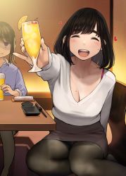 Rule 34 | :d, alcohol, beer, black legwear, blue eyes, blue shirt, blush, bra strap, bra visible through clothes, bralines, breasts, brown hair, cherry, chopsticks, cleavage, closed eyes, collarbone, cup, douki-chan (douki-chan), drink, food, fruit, ganbare douki-chan, heart, highres, holding, holding cup, ice, ice cube, indoors, kouhai-chan (douki-chan), large breasts, long sleeves, medium hair, miniskirt, mole, mole on breast, mole on cheek, nail polish, open mouth, orange (fruit), panties, panties under pantyhose, pantyhose, pantyshot, pencil skirt, pink panties, plate, purple skirt, see-through, shaded face, shirt, sidelocks, sitting, skirt, sleeves rolled up, smile, table, teeth, thick eyebrows, towel, tropical drink, underwear, upper teeth only, v-neck, white shirt, yomu (sgt epper)