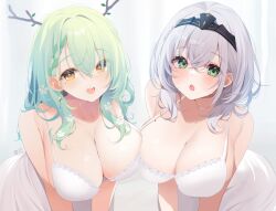 Rule 34 | 2girls, alternate costume, asymmetrical docking, bare shoulders, bra, braid, braided bangs, breast press, breasts, ceres fauna, chestnut mouth, cleavage, commentary, crossed bangs, deyui, double-parted bangs, dress, earrings, english commentary, flower, green eyes, green hair, grey hair, hair between eyes, hair branch, hair flower, hair ornament, hair over one eye, hairband, highres, hololive, jewelry, lace, lace-trimmed dress, lace trim, large breasts, leaning forward, medium hair, mole, mole on breast, mole under eye, multiple girls, nightgown, open mouth, shirogane noel, simple background, smile, star (symbol), star earrings, teeth, underwear, upper body, upper teeth only, virtual youtuber, wavy hair, white background, white dress, white flower, white nightgown, yellow eyes