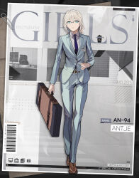 Rule 34 | 1girl, an-94 (antje) (girls&#039; frontline), an-94 (girls&#039; frontline), aqua eyes, aqua jacket, aqua pants, barcode, belt, bespectacled, blonde hair, blue necktie, brown belt, brown footwear, business suit, character name, commentary, copyright name, dress shoes, duoyuanjun, english commentary, formal, full body, girls&#039; frontline, glasses, highres, holding, holding suitcase, id card, jacket, long sleeves, looking at viewer, necktie, office lady, official alternate costume, official alternate hairstyle, official art, over-rim eyewear, pants, paperclip, parted lips, ponytail, promotional art, second-party source, semi-rimless eyewear, shirt, shoes, short hair, solo, standing, suit, suitcase, white shirt