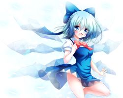 Rule 34 | 1girl, :d, barefoot, blue dress, blue eyes, blue hair, bow, cirno, commentary request, dress, hair bow, ice, ice wings, matching hair/eyes, open mouth, osashin (osada), puffy short sleeves, puffy sleeves, shirt, short sleeves, smile, solo, standing, standing on one leg, touhou, wind, wind lift, wings
