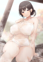 Rule 34 | 1girl, absurdres, arm support, blurry, blurry background, breasts, brown eyes, brown hair, collarbone, commentary request, covered navel, covering privates, curvy, hair between eyes, highres, huge breasts, knees together feet apart, looking at viewer, naked towel, nude, nude cover, onsen, original, ryuu., sitting, smile, solo, steam, thick thighs, thighs, towel
