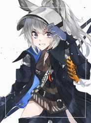 Rule 34 | 1girl, adjusting clothes, adjusting headwear, animal ears, arknights, armband, blue coat, blue pants, breasts, brown shirt, coat, flat chest, gauntlets, gloves, grani (arknights), grey eyes, grey hair, grey hat, grin, hand up, hat, highres, hip vent, holding, holding polearm, holding spear, holding weapon, horse ears, horse girl, infection monitor (arknights), long hair, looking at viewer, multiple straps, open clothes, open coat, pants, polearm, ponytail, popped collar, shirt, shoulder guard, sideways glance, small breasts, smile, solo, spear, visor cap, weapon, yakota (usuk-yako)