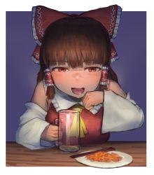 Rule 34 | 1girl, absurdres, ascot, bare shoulders, blue background, blush, border, bow, brown hair, carrot, carrot shirishiri, chopsticks, commentary request, cookie (touhou), cup, detached sleeves, facing viewer, frilled hair tubes, frilled shirt collar, frills, hair bow, hair tubes, hakonnbo, hakurei reimu, highres, holding, holding cup, looking at viewer, medium hair, mug, open mouth, outside border, red bow, red eyes, red shirt, rurima (cookie), shirt, simple background, touhou, transparent border, upper body, white border, white sleeves, yellow ascot