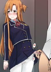 Rule 34 | 1boy, 1girl, asuna (sao), bar censor, black jacket, black skirt, blush, bottomless, braid, breasts, brown eyes, brown hair, buttons, censored, closed mouth, collared shirt, cowboy shot, crown braid, cum, cum on clothes, embarrassed, h2o (ddks2923), heart, hetero, highres, jacket, large breasts, leaning back, long hair, long sleeves, neck ribbon, pantyhose, penis, penis under another&#039;s clothes, pleated skirt, pussy juice, red ribbon, ribbon, shiny skin, shirt, skirt, small penis, solo focus, spoken heart, standing, sword art online, tearing up, tears, trembling, white pantyhose