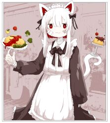 Rule 34 | 1girl, :3, animal ears, apron, arm at side, ashi izumo, balancing, bandaged neck, bandages, bandaid, bandaid on face, black bow, black dress, blush stickers, border, bow, bright pupils, broccoli, cat ears, cat tail, cherry, closed mouth, double-parted bangs, dress, feet out of frame, food, frilled apron, frills, fruit, gauze, gauze on face, hair bow, hand up, highres, holding, holding plate, jitome, ketchup, long dress, long sleeves, looking at viewer, maid apron, maid headdress, multicolored hair, omelet, omurice, original, photo background, plate, pudding, red eyes, red hair, short hair, short hair with long locks, smile, solo, standing, tail, two-tone hair, white apron, white border, white hair, white pupils, white tail