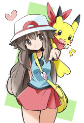 Rule 34 | 1girl, arm behind back, brown eyes, brown hair, closed mouth, cowboy shot, creatures (company), game freak, gen 1 pokemon, hair between eyes, hat, heart, highres, leaf (pokemon), long hair, miniskirt, nintendo, outstretched arm, pikachu, pokemon, pokemon (creature), pokemon frlg, rascal (feuille), red skirt, skirt, smile, solo, split mouth, standing, thigh gap, white hat