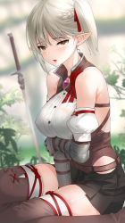 Rule 34 | 1girl, belt, black skirt, blurry, blurry background, blush, boots, breasts, elf, gauntlets, highres, kfr, large breasts, looking at viewer, open mouth, original, pleated skirt, pointy ears, short hair, side ponytail, silver hair, sitting, skirt, solo, sword, thigh boots, thighhighs, thighhighs under boots, weapon, yellow eyes