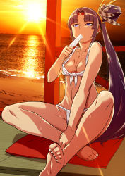 Rule 34 | 1girl, areola slip, barefoot, blue eyes, fate/grand order, fate (series), feet, food, highres, long hair, popsicle, purple hair, side ponytail, sitting, soles, sweat, swimsuit, toes, ushiwakamaru (fate)