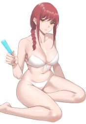Rule 34 | 1girl, bare arms, bare legs, bare shoulders, barefoot, belly, bikini, braid, braided ponytail, breasts, chainsaw man, cleavage, food, hand up, highres, kneeling, large breasts, looking at viewer, makima (chainsaw man), medium hair, navel, open mouth, popsicle, red hair, renzu (lens 02), ringed eyes, simple background, sitting, solo, stomach, swimsuit, thighs, white background, white bikini, yellow eyes