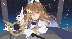 Rule 34 | 1boy, ascot, brown hair, cape, emphasis lines, fate/grand order, fate (series), gloves, grey eyes, grey vest, hair between eyes, highres, holding, holding staff, jacket, kirschtaria wodime, long hair, long sleeves, looking at viewer, lower teeth only, male focus, open mouth, ororooops, solo, staff, teeth, vest, white ascot, white cape, white gloves, white jacket