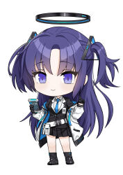 Rule 34 | 1girl, absurdres, alfie (tmdals7645), belt, belt pouch, black footwear, black gloves, black jacket, black socks, blue archive, blue necktie, boots, breasts, chibi, closed mouth, coat, collared shirt, full body, gloves, halo, highres, holding, holding phone, index finger raised, jacket, long hair, long sleeves, miniskirt, necktie, off shoulder, open clothes, open coat, phone, pouch, purple eyes, purple hair, shirt, sidelocks, simple background, skirt, small breasts, smile, socks, solo, standing, two side up, white background, white coat, white shirt, yuuka (blue archive)