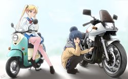 Rule 34 | 2girls, artist name, bakuon!!, bell, black legwear, blonde hair, blouse, blue hair, blue sailor collar, blue skirt, bow, bowtie, brown footwear, buttons, cardigan, closed mouth, commentary request, crossover, diesel-turbo, double-breasted, foot up, grey scarf, hair bell, hair bun, hair ornament, hand on own knee, hand to own mouth, highres, loafers, logo, long hair, looking at another, miniskirt, motor vehicle, motorcycle, multiple girls, name connection, pantyhose, partial commentary, plaid, plaid skirt, pleated skirt, purple eyes, red neckwear, sailor collar, scarf, school uniform, scooter, serafuku, shadow, shima rin, shirt, shoes, short hair, shoshinsha mark, sidelocks, signature, single hair bun, single horizontal stripe, sitting, skirt, smile, squatting, suzuki (company), suzunoki rin, thighhighs, twintails, twitter username, vespa, voice actor connection, white legwear, white shirt, yellow cardigan, yurucamp
