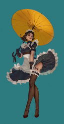 Rule 34 | 1girl, black footwear, black gloves, blue background, breasts, brown eyes, brown hair, cleavage cutout, clothing cutout, collar, commentary request, full body, ga is, gloves, grey thighhighs, high heels, highres, holding, holding umbrella, lips, maid, maid headdress, medium breasts, medium hair, original, parted lips, shoes, short sleeves, simple background, smile, solo, standing, thighhighs, umbrella