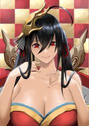 Rule 34 | 1girl, ahoge, azur lane, bare shoulders, black hair, breasts, checkered background, cleavage, closed mouth, collarbone, commentary request, dress, facing viewer, finger to neck, furo atsushi, hair between eyes, hair ornament, highres, huge breasts, japanese clothes, kimono, long hair, looking at viewer, off shoulder, red eyes, red ribbon, ribbon, smile, solo, strapless, taihou (azur lane)