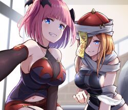 Rule 34 | &gt;:), 2girls, alternate costume, bare shoulders, bat hair ornament, belt, black belt, black choker, black gloves, black shirt, blue eyes, blunt bangs, blurry, blurry background, breasts, bright pupils, brown hair, choker, cleavage, closed mouth, commentary, elbow gloves, eyelashes, fang, feathers, garter straps, gloves, go-toubun no hanayome, grin, hair ornament, hair over one eye, halloween, highres, holding, holding feather, hyoe (hachiechi), imminent tickling, indoors, jiangshi, large breasts, light blush, long hair, looking at viewer, medium hair, multiple girls, nakano miku, nakano nino, navel, one side up, pink hair, pov, red headwear, red shorts, shirt, shorts, siblings, sideboob, sidelocks, sisters, sitting, sleeveless, sleeveless shirt, smile, straight hair, teeth, twins, v-shaped eyebrows, vampire, white pupils
