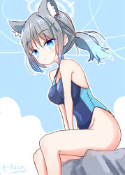 Rule 34 | 1girl, :3, animal ear fluff, animal ears, black one-piece swimsuit, blue archive, blue eyes, blue sky, breasts, cloud, competition swimsuit, covered navel, cross hair ornament, extra ears, feet out of frame, grey hair, hair ornament, halo, low ponytail, maiku, medium breasts, medium hair, mismatched pupils, multicolored clothes, multicolored swimsuit, one-piece swimsuit, rock, shiroko (blue archive), shiroko (swimsuit) (blue archive), sitting, sky, solo, swimsuit