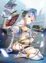 Rule 34 | 1girl, ass, atelier (series), atelier sophie, bare shoulders, book, bookshelf, breasts, butt crack, fake tail, female focus, floating, floating object, green eyes, light purple hair, long hair, looking at viewer, medium breasts, object on head, official art, on floor, parted lips, plachta, puni (atelier), sideboob, sitting, solo, symbol-shaped pupils, tail, white hair, yuugen