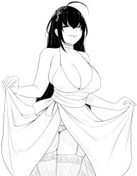 Rule 34 | 1girl, ahoge, azur lane, bare arms, breasts, choker, cleavage, clothes lift, crazy smile, dress, dress lift, greyscale, hair between eyes, half-closed eyes, huge breasts, long hair, looking at viewer, lvl (sentrythe2310), monochrome, panties, pantyshot, parted lips, simple background, skirt hold, smile, solo, standing, taihou (azur lane), taihou (forbidden feast) (azur lane), thighhighs, underwear, white background