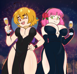 Rule 34 | 2024, 20s, 2girls, alcohol, antennae, arthropod girl, bee girl, bee wings, black dress, black gloves, black panties, blonde hair, blush, breasts, brown eyes, champagne, champagne glass, cleavage, cup, dakunart, dress, drink, drinking glass, fireworks, flower, fur collar, gloves, green eyes, hair flower, hair ornament, hairband, hand on own hip, happy new year, highres, holding, insect girl, insect wings, large breasts, looking at viewer, mely, multiple girls, new year, night, night sky, one eye closed, open mouth, panties, pink hair, rose, short hair, side slit, sky, sleeveless, sleeveless dress, smile, standing, star-shaped pupils, star (symbol), symbol-shaped pupils, teeth, underwear, vera (dakunart), wings, wink, wristband