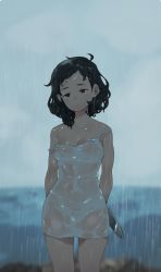 Rule 34 | 1girl, black eyes, black hair, blurry, blurry background, breasts, female focus, half-closed eyes, highres, holding, holding knife, knife, messy hair, norasame (dagako), ocean, original, outdoors, rain, see-through, solo, strap slip, water, wet, wet clothes