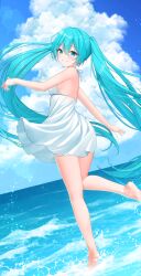 Rule 34 | 1girl, absurdres, aqua eyes, aqua hair, backless dress, backless outfit, bare arms, bare back, bare legs, bare shoulders, barefoot, blue sky, blush, breasts, cloud, commentary, day, dress, dutch angle, full body, grin, hair between eyes, hatsune miku, highres, horizon, leg up, long hair, looking at viewer, looking back, mikoo o39, ocean, outdoors, sideboob, sidelocks, sky, sleeveless, sleeveless dress, small breasts, smile, solo, splashing, standing, standing on one leg, summer, sundress, twintails, very long hair, vocaloid, wading, white dress