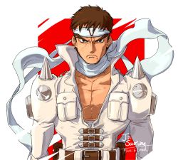 Rule 34 | 1boy, bare pectorals, belt, brown belt, brown eyes, brown hair, capcom, character name, closed mouth, collarbone, cyberbots, dated, frown, headband, looking at viewer, male focus, osanpogakari, pectorals, saotome jin, scarf, solo, spikes, white headband, white scarf