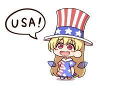 Rule 34 | 1girl, american flag, american flag dress, american flag legwear, american flag print, blonde hair, blush stickers, chibi, clownpiece, commentary, drooling, fairy wings, flag print, full body, hat, highres, long hair, open mouth, red eyes, shitacemayo, smile, solo, star (symbol), striped, top hat, touhou, wings