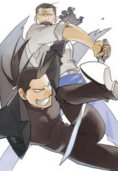 Rule 34 | 2boys, amestris military uniform, mismatched irises, black hair, black jacket, black pants, blackfoxes, blue pants, boots, facial hair, fighting stance, fullmetal alchemist, greed (fma), grin, highres, jacket, king bradley, ling yao, long hair, looking up, male focus, multiple boys, mustache, pants, ponytail, red eyes, shirt, simple background, smile, spoilers, sword, teeth, uniform, upper body, weapon, white background, white shirt