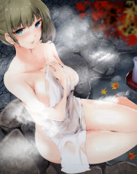 Rule 34 | 1girl, absurdres, autumn leaves, blue eyes, blush, breasts, collarbone, covering privates, green eyes, green hair, heterochromia, highres, idolmaster, idolmaster cinderella girls, looking at viewer, medium breasts, mole, mole under eye, naked towel, nude cover, onsen, open mouth, outdoors, ryuu., short hair, sitting, smile, solo, takagaki kaede, towel, wet