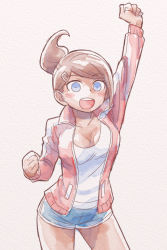 Rule 34 | 1girl, arm up, asahina aoi, blue eyes, blue shorts, blush stickers, breasts, brown hair, cleavage, clenched hands, commentary request, contrapposto, cowboy shot, danganronpa: trigger happy havoc, danganronpa (series), dark-skinned female, dark skin, grey background, hair ornament, hairclip, jacket, large breasts, long sleeves, looking at viewer, namu (nurui cha), open clothes, open jacket, open mouth, ponytail, red jacket, shirt, shorts, simple background, smile, solo, white shirt