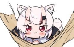 Rule 34 | 1girl, :3, animal ear fluff, animal ears, blush, cat ears, chibi, commentary, hololive, horns, kemonomimi mode, looking at viewer, multicolored hair, nakiri ayame, nakiri ayame (girly), namaonpa, red eyes, red hair, simple background, solo, streaked hair, symbol-only commentary, virtual youtuber, white background, white hair